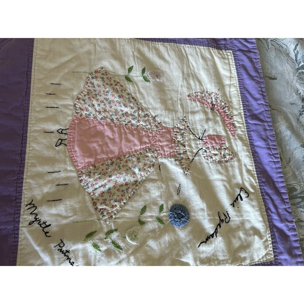 Vintage Handmade embroidered friendship quilt with Sun Bonnet Girls. 77” X 95”